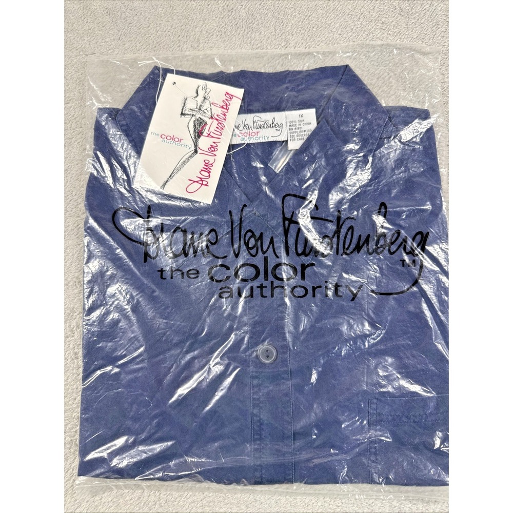 Vintage Diane Von Furstenberg Women's Short Sleeve Silk Big Shirt Navy 1X NWT